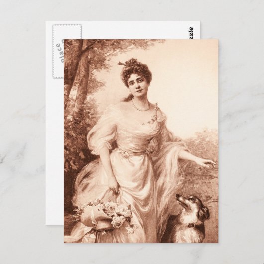 ヴィンテージのビクトリアンな女性wのボーダーコリー犬のレトロ ポストカード (正面/裏面)