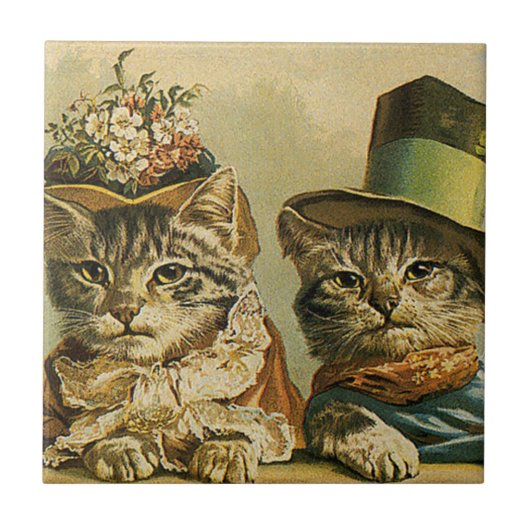 ヴィンテージのビクトリアン帽子をかぶった新郎猫 タイル (正面)