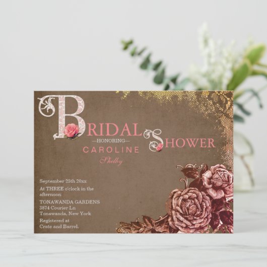 ヴィンテージのビクトリア時代の人のばら色のブライダルシャワーの招待状 招待状 (スタンド正面)