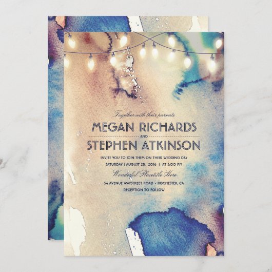 ヴィンテージのビーチのひもは水彩画の結婚式をつけます 招待状 (正面/裏面)