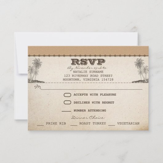 ヴィンテージのビーチのやしユニークな結婚式のrsvpカード 出欠カード (正面)