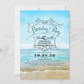 ヴィンテージのビーチのグラデーションで青い海の誕生会 招待状 (正面)