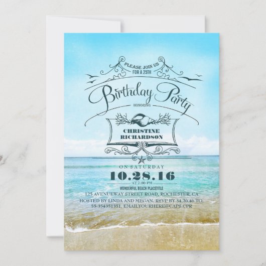 ヴィンテージのビーチのグラデーションで青い海の誕生会 招待状 (正面)