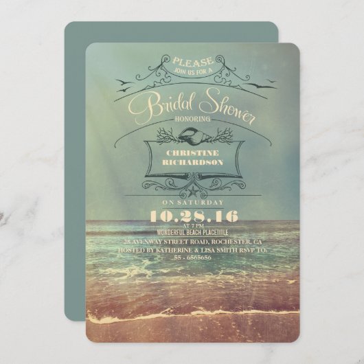 ヴィンテージのビーチのブライダルシャワー招待状 招待状 (正面/裏面)