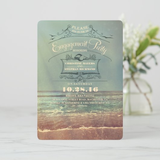 ヴィンテージのビーチの婚約パーティの招待状 招待状 (スタンド正面)