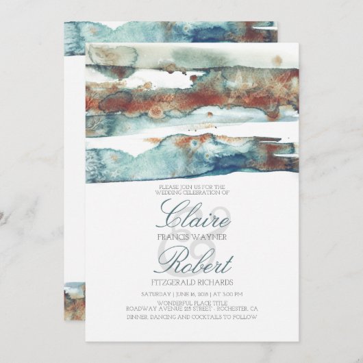 ヴィンテージのビーチの水中水彩画のしぶきの結婚式 招待状 (正面/裏面)