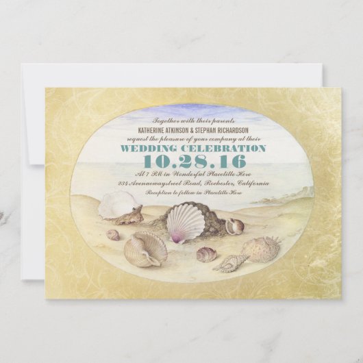 ヴィンテージのビーチの貝殻の結婚式招待状 招待状 (正面)