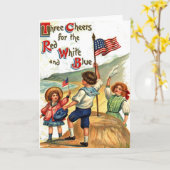 ヴィンテージのビーチは旗の7月4日の郵便はがきの芸術をからかいます カード (黄色い花)