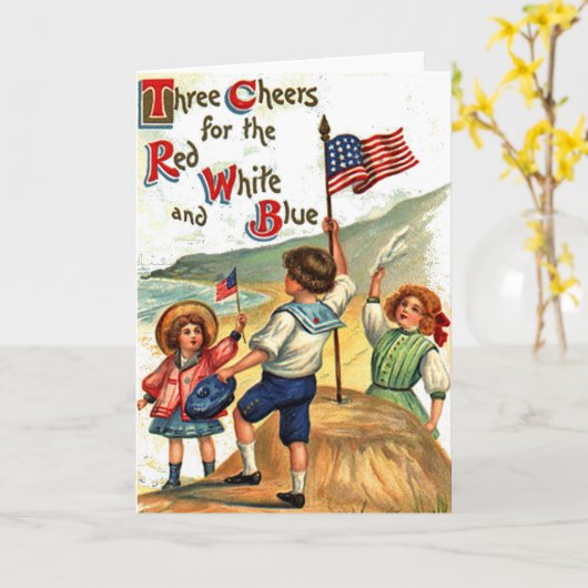 ヴィンテージのビーチは旗の7月4日の郵便はがきの芸術をからかいます カード (黄色い花)