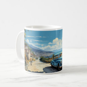 ヴィンテージのビーチ、車、都市の油絵 コーヒーマグカップ
