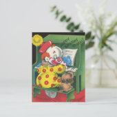 ヴィンテージのピエロと犬がハッピーバースデーを歌う ポストカード (スタンド正面)