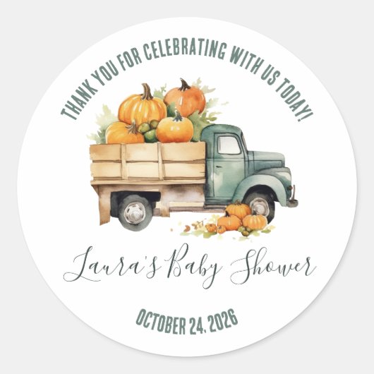 ヴィンテージのピックアップトラックとパンプキンのベイビーシャワープレゼント ラウンドシール (正面)