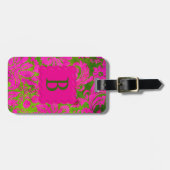 ヴィンテージのピンクおよび緑のダマスク織 ラゲッジタグ (正面横)