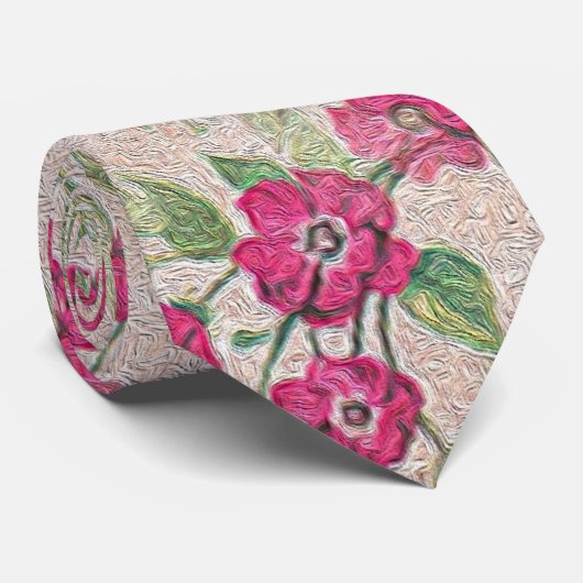 ヴィンテージのピンクおよび緑の花の絵画 ネクタイ (ロール)