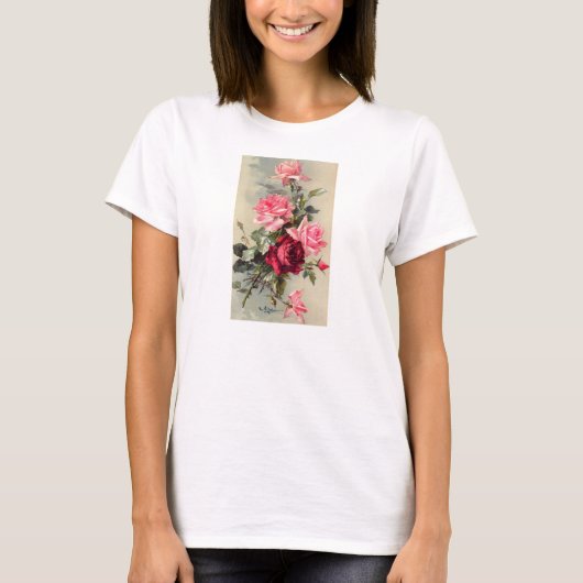 ヴィンテージのピンクおよび赤いバラ Tシャツ (正面)