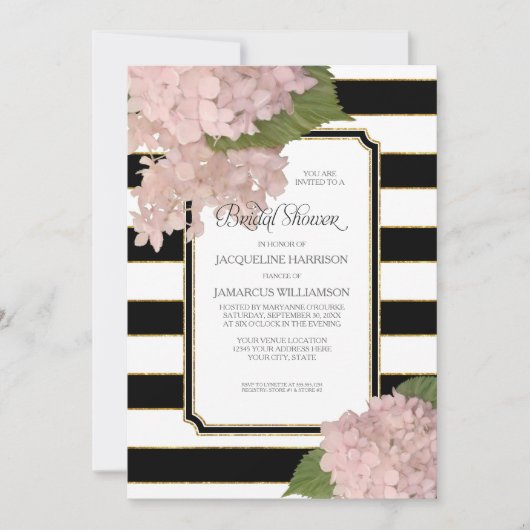 ヴィンテージのピンクのアジサイの上品でモダンなブライダルシャワー 招待状 (正面)