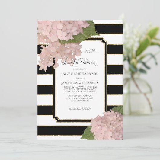 ヴィンテージのピンクのアジサイの上品でモダンなブライダルシャワー 招待状 (スタンド正面)