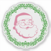 ヴィンテージのピンクのサンタフレームを緑のリースが囲むクリスマス シール (正面)