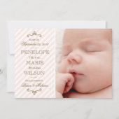ヴィンテージのピンクのストライプの女の赤ちゃんの誕生の発表 案内状 (正面)