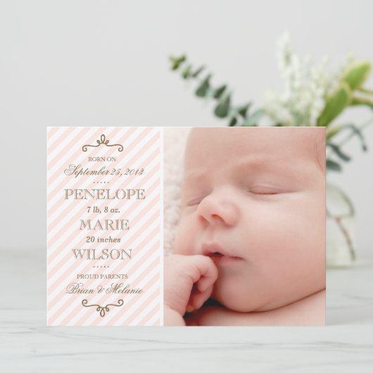 ヴィンテージのピンクのストライプの女の赤ちゃんの誕生の発表 案内状 (スタンド正面)
