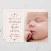 ヴィンテージのピンクのストライプの女の赤ちゃんの誕生の発表 案内状 (正面/裏面)