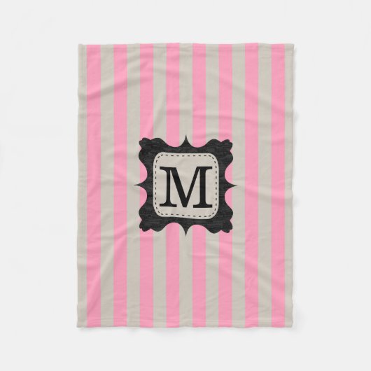 ヴィンテージのピンクのストライプパターン黒のカスタムのモノグラム フリースブランケット (正面)