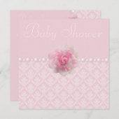 ヴィンテージのピンクのダマスク織の、ばら色及び真珠のベビーシャワー 招待状 (正面/裏面)