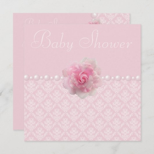 ヴィンテージのピンクのダマスク織の、ばら色及び真珠のベビーシャワー 招待状 (正面/裏面)