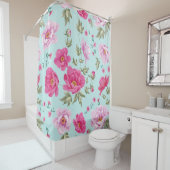 ヴィンテージのピンクのティール(緑がかった色)の花柄パターン シャワーカーテン (インサイチュ)