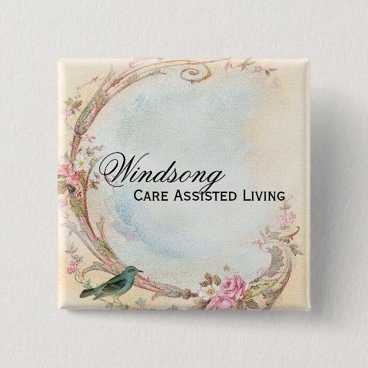 ヴィンテージのピンクのバラおよびロビンの結婚式ビジネス 缶バッジ (正面)