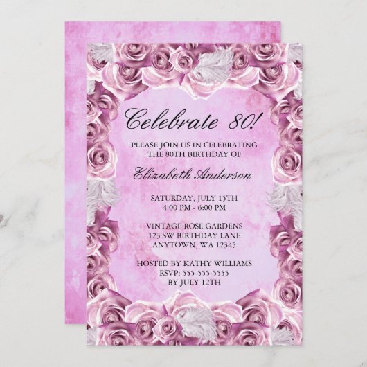 ヴィンテージのピンクのバラおよび羽の第80誕生日 招待状 (正面/裏面)