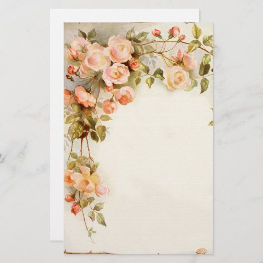 ヴィンテージのピンクのバラのつる植物の絵画の文房具の紙 便箋 (正面/裏面)