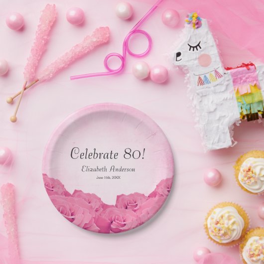 ヴィンテージのピンクのバラの第80誕生会 ペーパープレート (パーティー)