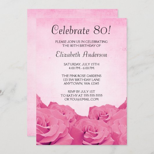 ヴィンテージのピンクのバラの第80誕生会 招待状 (正面/裏面)
