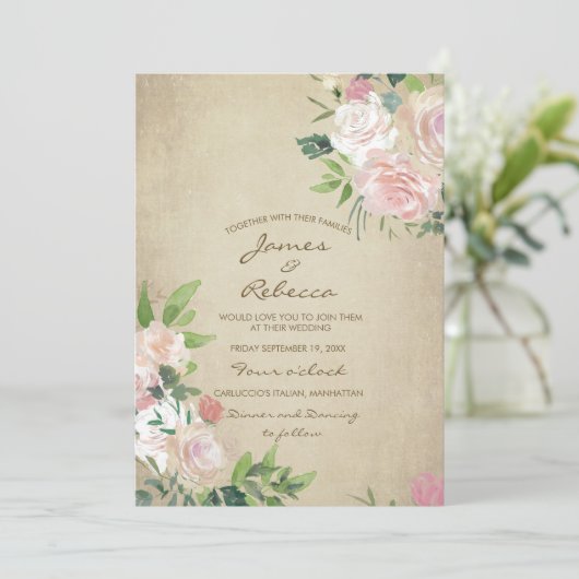 ヴィンテージのピンクのバラの素朴なウェディングシャワーの招待 招待状 (スタンド正面)