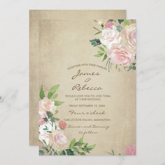 ヴィンテージのピンクのバラの素朴なウェディングシャワーの招待 招待状 (正面/裏面)