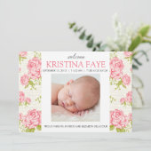 ヴィンテージのピンクのバラの花の写真の誕生の発表 案内状 (スタンド正面)