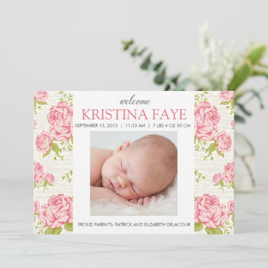 ヴィンテージのピンクのバラの花の写真の誕生の発表 案内状 (スタンド正面)