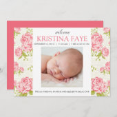 ヴィンテージのピンクのバラの花の写真の誕生の発表 案内状 (正面/裏面)