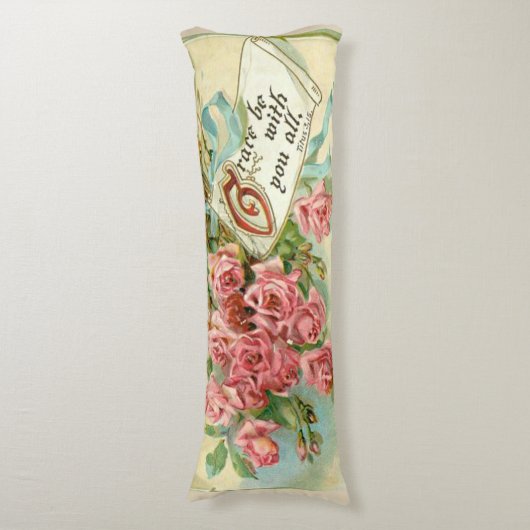 ヴィンテージのピンクのバラの花の聖なる書物、経典の詩 ボディピロー (正面縦)