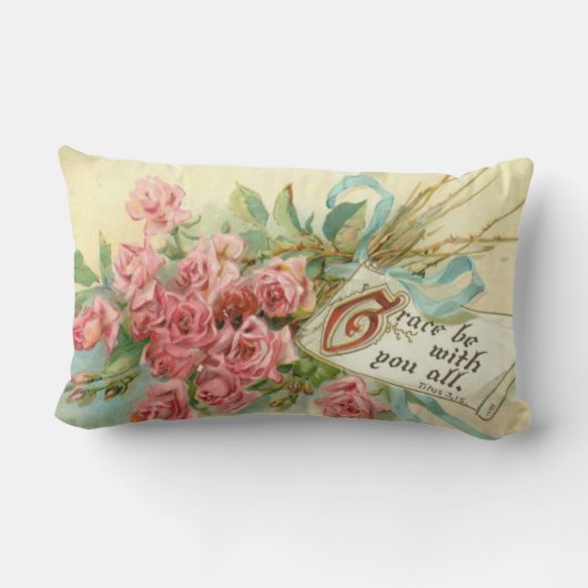 ヴィンテージのピンクのバラの花の聖なる書物、経典の詩 ランバークッション (裏面)