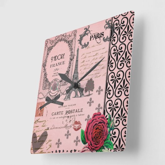 ヴィンテージのピンクのパリのコラージュの柱時計 スクエア壁時計 (傾斜)