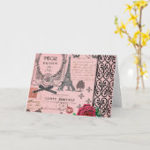 ヴィンテージのピンクのパリのコラージュ カード (黄色い花)