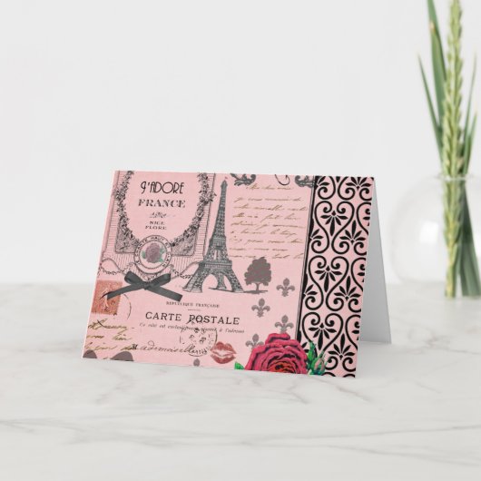 ヴィンテージのピンクのパリのコラージュ カード (正面)
