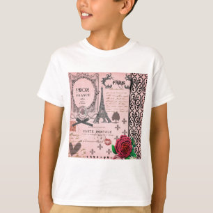 ヴィンテージのピンクのパリのコラージュ Tシャツ
