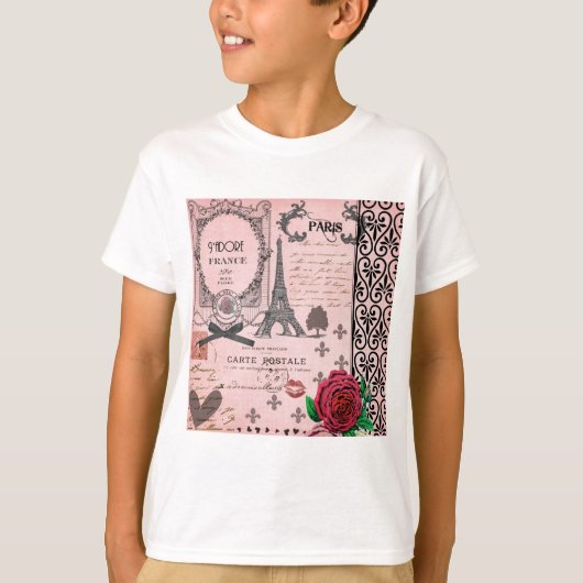 ヴィンテージのピンクのパリのコラージュ Tシャツ (正面)