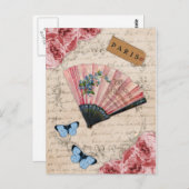 ヴィンテージのピンクのフランスのなファン ポストカード (正面/裏面)