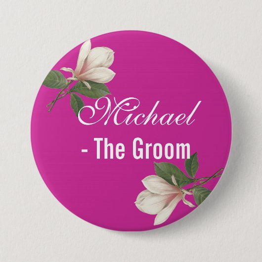 ヴィンテージのピンクのマグノリア結婚の花。 缶バッジ (正面)