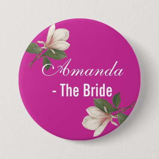 ヴィンテージのピンクのマグノリア結婚の花。 缶バッジ (正面)