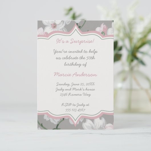 ヴィンテージのピンクの白いミズキの花柄のパーティの招待状 招待状 (スタンド正面)